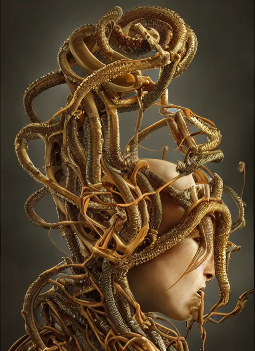 Image similar to portrait of king arthur knight medusa cyborg feeding from a mouth tube, kintsugi, modern fine art, fractal, intricate, elegant, highly detailed, digital photography, subsurface scattering, by jheronimus bosch and carravagio and greg rutkowski,