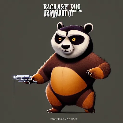 Image similar to “ portrait of a racoon in the style of kung fu panda holding laser gun, with a black background, digital art, award winning, trending on art station, retro style ”