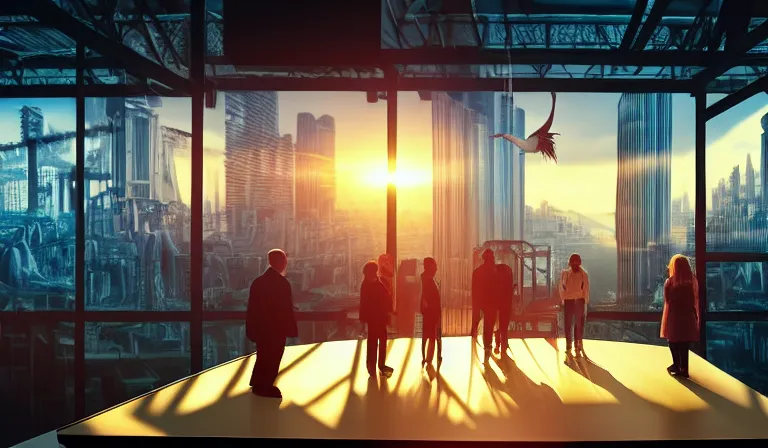 Prompt: group of people in simple warehouse, surrounding and looking at hologram of futuristic city on a table, cinematic concept art, godrays, golden hour, natural sunlight, 4 k, clear details, tabletop model buildings, center model buildings, hologram center, crane shot, crane shot, crane shot