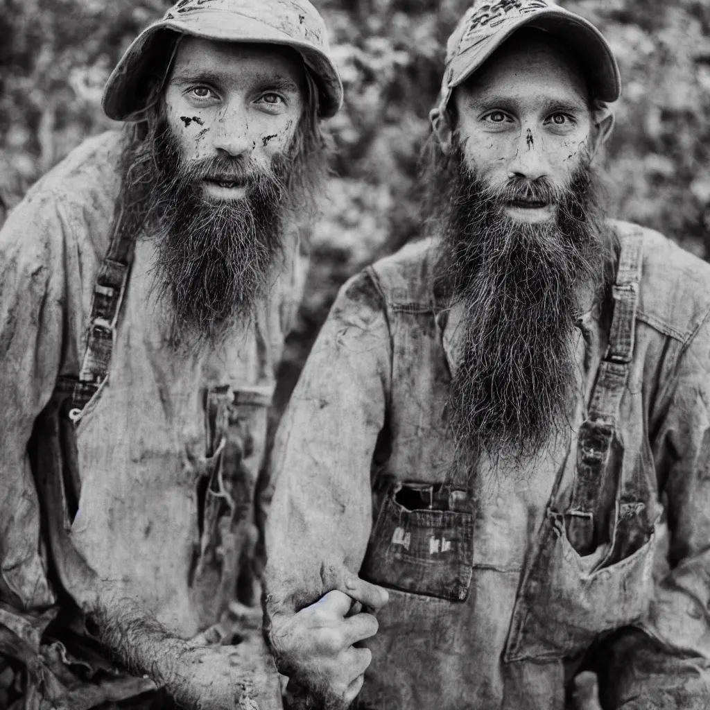 Image similar to extremely skinny malnourished redneck white male with long beard, wearing dirty overalls, dirty greasy face, grin, portrait, close up, kodak gold 2 0 0, 5 0 mm,