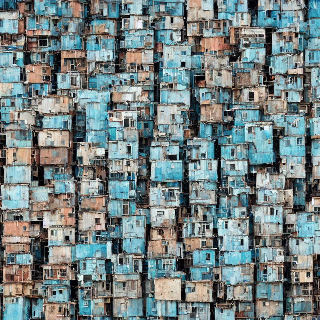 Image similar to close - up towers made up of makeshift squatter shacks with faded colours, plain uniform light blue sky, dystopia, mamiya, very detailed, ultra sharp, photographed by john chiara