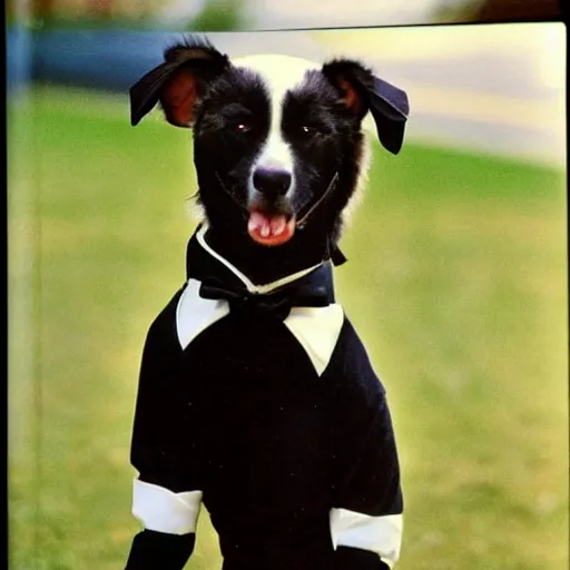 Prompt: 1 9 8 0 s yearbook photography of a dog dressed in a tuxedo