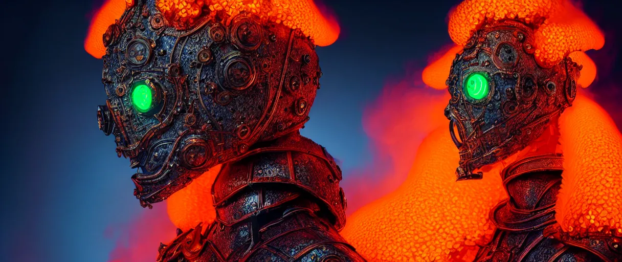 Image similar to hyperrealist highly detailed english medieval portrait of high fashion monster wearing flame fire smoke flame armor, radiating atomic neon corals, veiny network growth with neon uranium pattern, concept art pascal blanche dramatic studio lighting 8k wide angle shallow depth of field