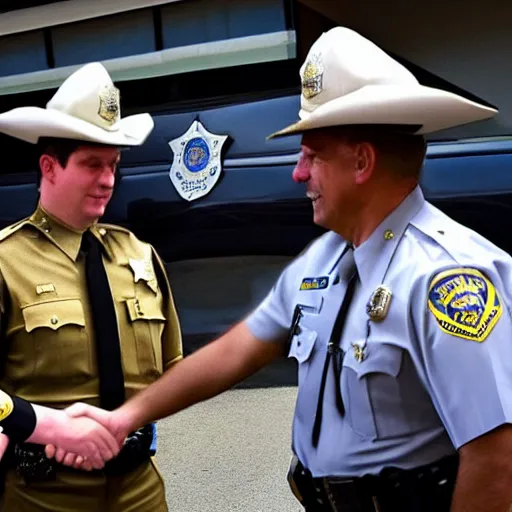 Image similar to A police officer shaking hands with a sheriff, photorealistic