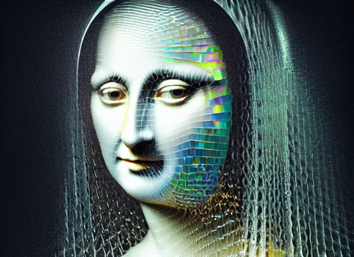 Prompt: hybrid biomechanical mona lisa, white pearlescent, chrome, iridescent metals, liquid gold, biomechanical garment, cinematic, crystalline masterpiece diamond incrustations, hyperdetailed metalwork, in volumetric soft glowing mist by erik johansson full frame mirrorless sensor, movie still, octane render, pixar, crepuscular rays,