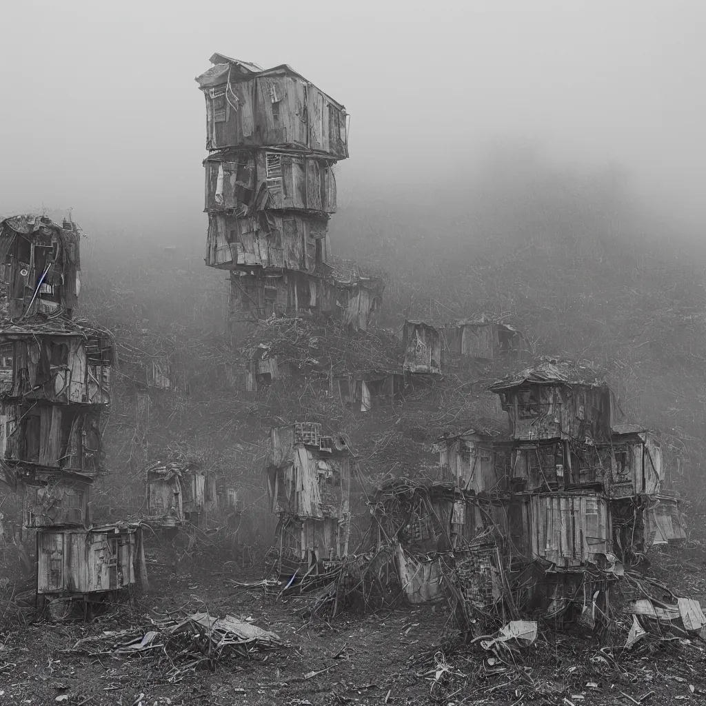 Image similar to two towers, made up of makeshift squatter shacks, uneven dense fog, dystopia, mamiya, fully frontal view, photographed by jeanette hagglund