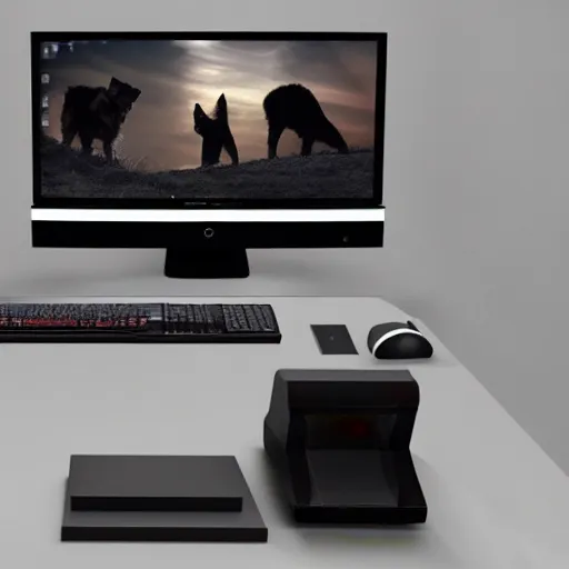 Prompt: computer setup with ultrawide screens while a german shepherd sleeps by side concept art