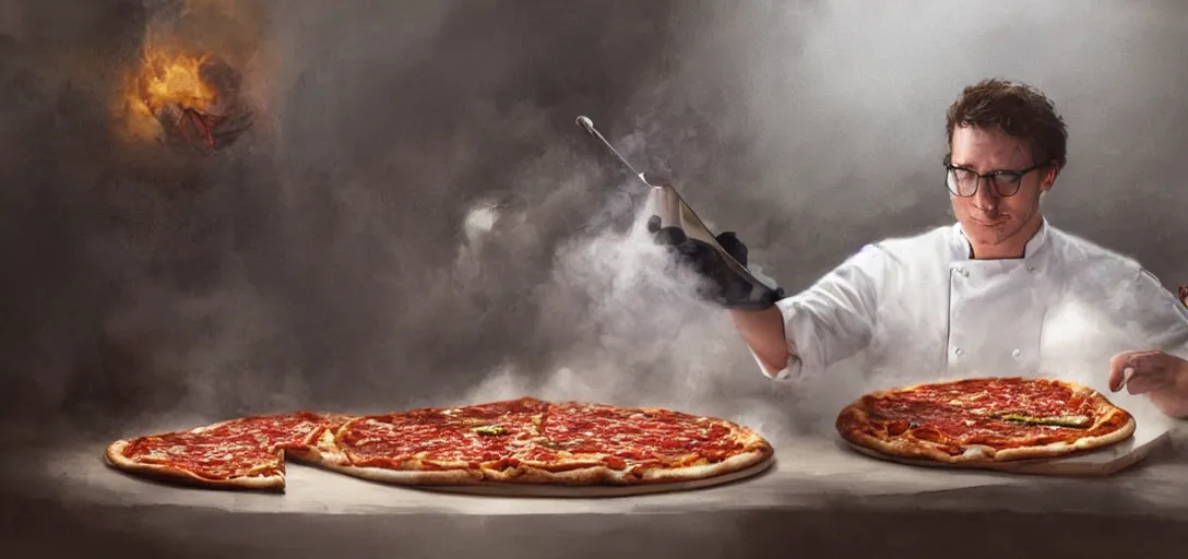 Prompt: a chef inventing pizza, scientific, tools, happy chef, pots and pans, jars, fog, magic, 8k, james gurney, greg rutkowski, john howe, artstation