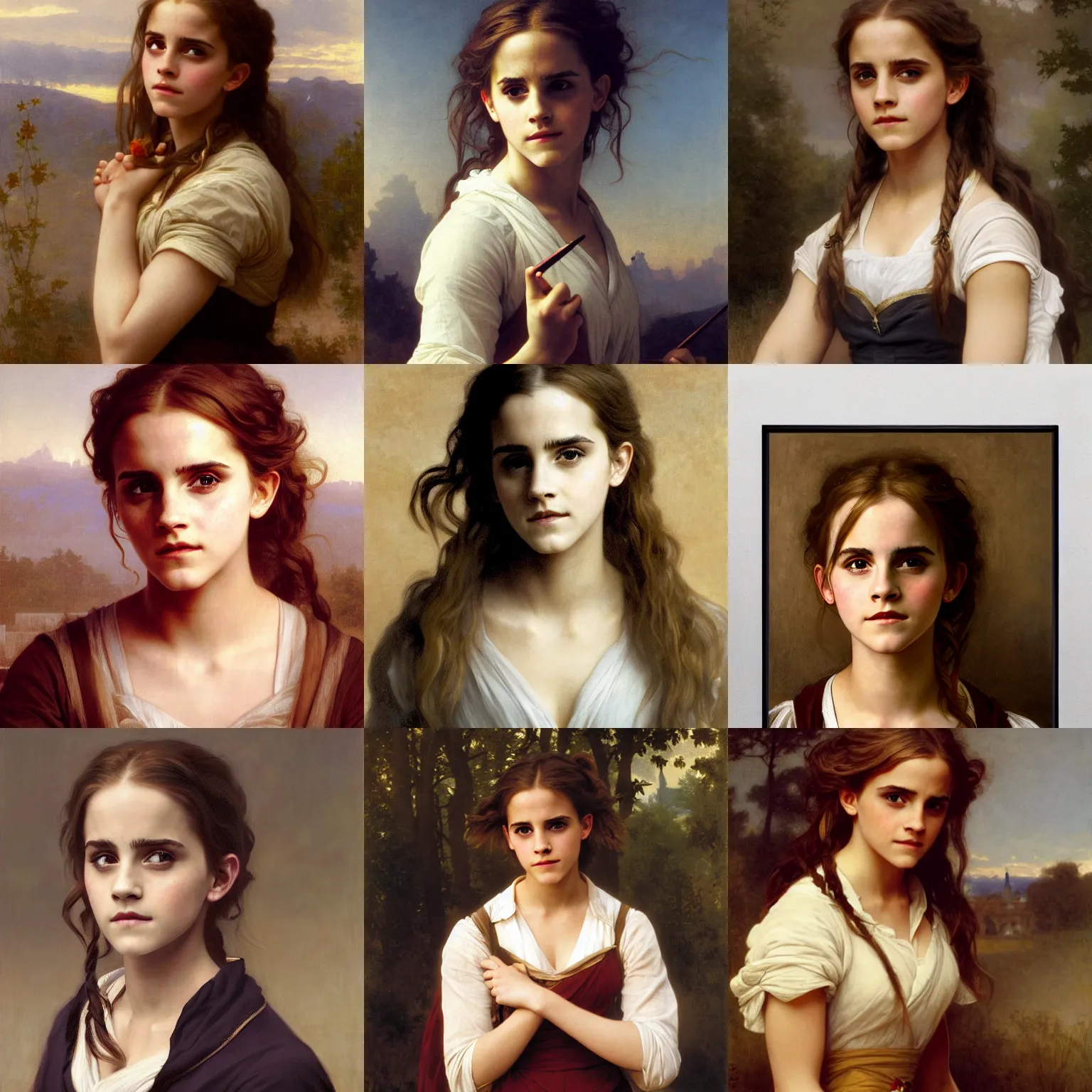 Prompt: Painting of Emma Watson as Hermione Granger, surprised expression on her face, her hand is on her waist, her other hand is on her face. Art by william adolphe bouguereau. During golden hour. Extremely detailed. Beautiful. 4K. Award winning.