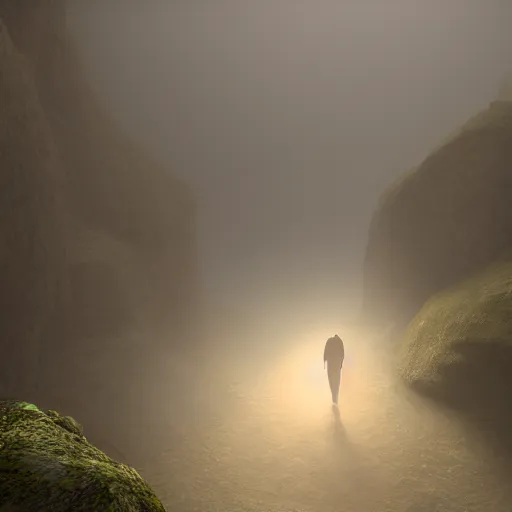 Prompt: a man walks across a bridge that traverses a deep mist-filled canyon. Volumetric lighting, dusk