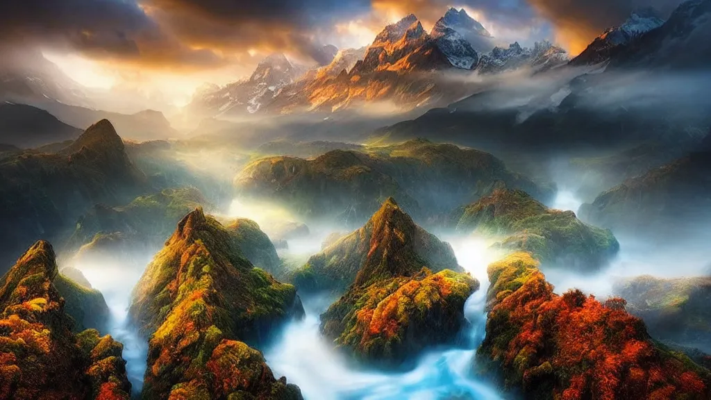 Image similar to amazing landscape photo by marc adamus, beautiful dramatic lighting