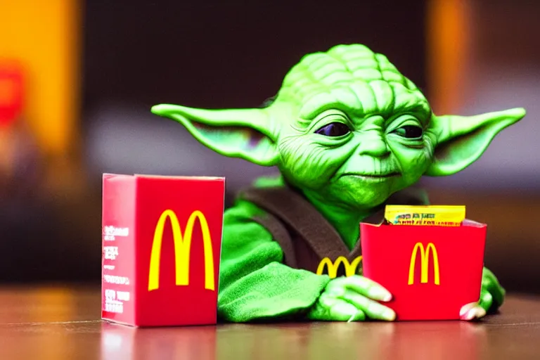 Prompt: yoda, frowning, yoda sitting behind a table inside mcdonald's, small red cardboard box on table, yellow m logo on box, 3 5 mm, f / 2. 8