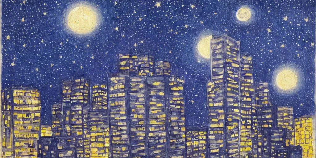 Prompt: stary night painting, norman foster tower, house, city