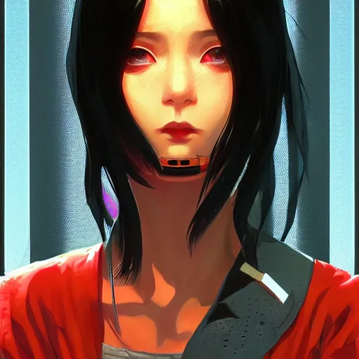 Image similar to A comic potrait of a cyberpunk cyborg girl with big and cute eyes, fine-face, realistic shaded perfect face, fine details. Night setting. Very anime style. Realistic shaded lighting poster by Ilya Kuvshinov katsuhiro, magali villeneuve, artgerm, Jeremy Lipkin and Michael Garmash, Rob Rey and Kentarõ Miura style, trending on art station