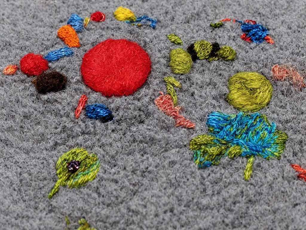 Prompt: yarns fuzzy wool embroidery of nuclear blast