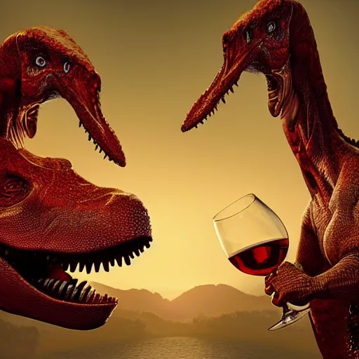 Prompt: two humanoid dinosaurs facing each other toasting wine glasses, painterly scene from jurassic park by gurney symmetrical, hires uhq 8 k smooth photorealistic octane cycles unreal 5 cinematic dramatic volumetric lighting rendered