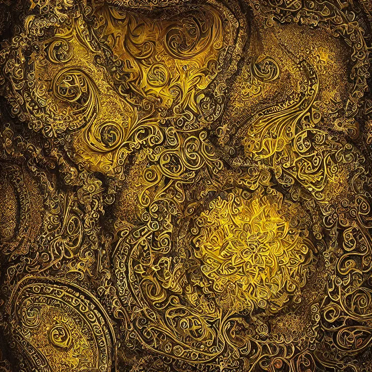 Image similar to arabic ornament with mystic birds and flowers, highly detailed, photorealistic, octan render, 3 d, gold on black nackground, fractal, mandelbrot,