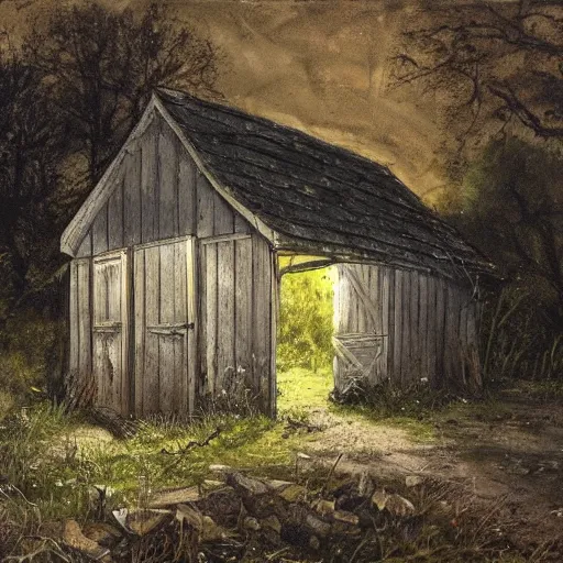 Image similar to a crumbling shed in the woods at night by simon bisley