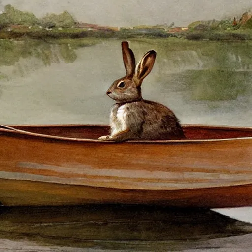 Image similar to a rabbit sitting in a rowboat in the style of Anders Zorn