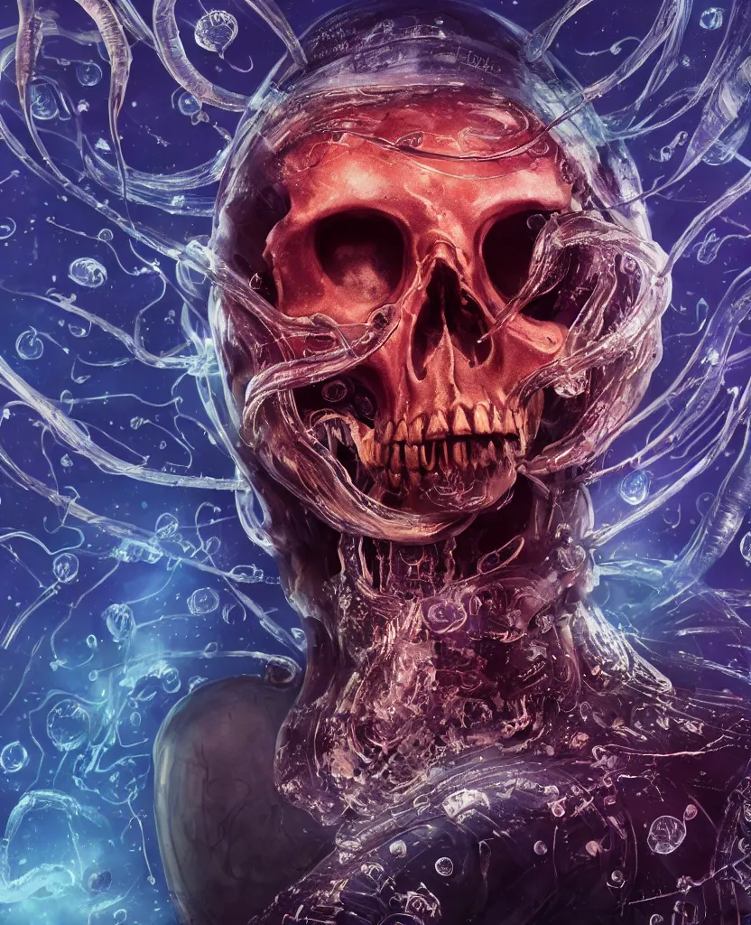 Image similar to close-up macro portrait of the face of a beautiful princess rotten skull in a spaceman suit, epic angle and pose, symmetrical artwork, 3d with depth of field, blurred background, cybernetic jellyfish female face skull phoenix bird, translucent, nautilus, energy flows of water and fire. a highly detailed epic cinematic concept art CG render. made in Maya, Blender and Photoshop, octane render, excellent composition, cinematic dystopian brutalist atmosphere, dynamic dramatic cinematic lighting, aesthetic, very inspirational, arthouse. y Greg Rutkowski, Ilya Kuvshinov, WLOP, Stanley Artgerm Lau, Ruan Jia and Fenghua Zhong