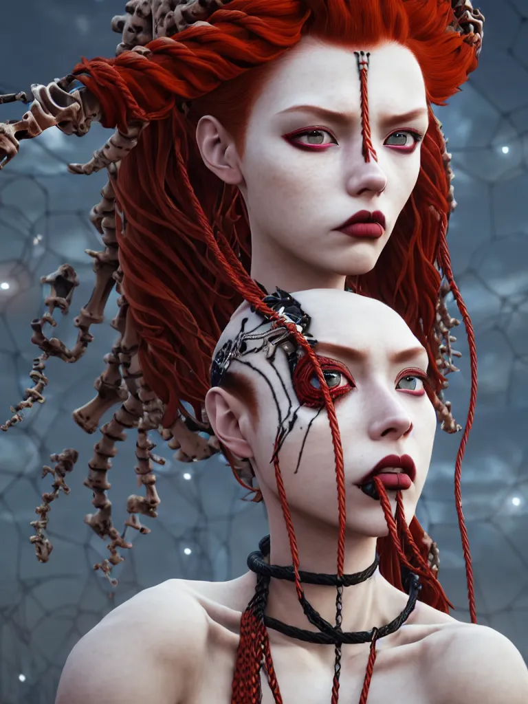 Prompt: a single fierce looking beautiful young woman with curly red hair and symmetrical white makeup, tied up with black rope, wearing an intricate headdress made from bones and leather, painted by makoto shinkai, studio ghibli, intricate linework, unreal engine 5 highly rendered, global illumination, radiant light, detailed and intricate environment