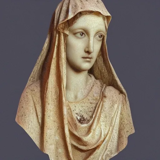 Prompt: a masterpiece marble sculpture of the veiled virgin, subsurface cracks, !dramatic !face, !female, covered in intricate !detailed golden !!streaked veil , physically based rendering, photo realistic, top light , dark background