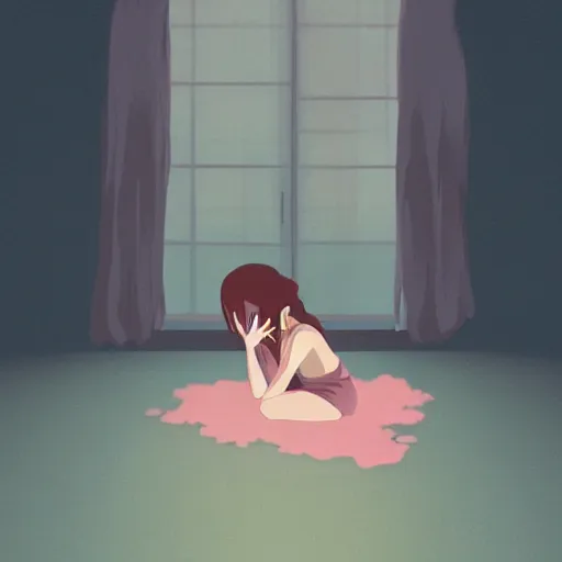 Prompt: girl crying in the corner of a dark room in the style of studio ghibli, soft anime illustration, dark pastel colors, soft ambience, beautiful composition, backlit