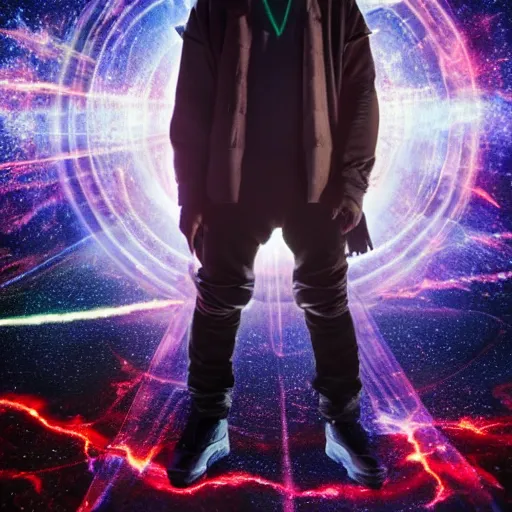 Image similar to a full body photograph of kanye west as'doctor who ', time vortex in the background, detailed face, symmetrical face, extreme realism and detail, 8 k, completely framed, direct lighting, 3 5 mm photo, photorealistic, sharp focus