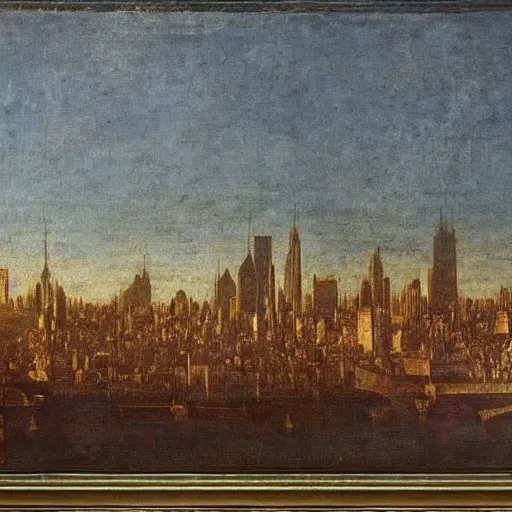 Prompt: Modern City Skyline, painted by Leonardo Da Vinci