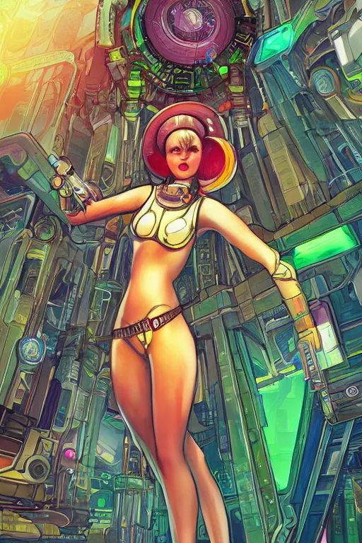 Prompt: attractive female android in feminine pose on a hyper-maximalist overdetailed retrofuturist scifi bookcover illustration from '70s. Inspired by shadowrun darkscifi utopia.. Biopunk, solarpunk style. Daytime