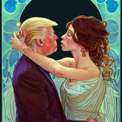 Image similar to donald trump kissing joe biden | highly detailed | very intricate | art nouveau | gold filigree | romantic storybook fantasy | soft cinematic lighting | award - winning | disney watercolor illustration by mandy jurgens and alphonse mucha and alena aenami | pastel color palette | featured on artstation