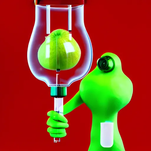 Prompt: a kiwifruit wearing a lab coat and goggles holding a test tube in a science lab, digital art, 8k, trending on artstation