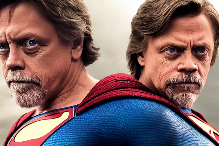 Prompt: promotional image of mark hamill as superman in the new superman movie, detailed face, movie still frame, promotional image, imax 70 mm footage