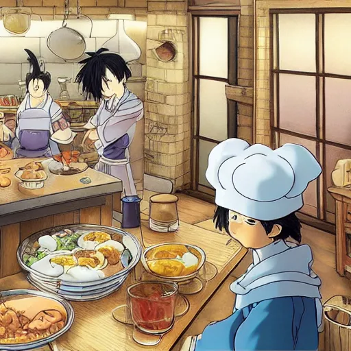 Image similar to a busy kitchen with hamster chefs by Studio ghibli, Kentaro Miura, Hiromu Arakawa, Koyoharu Gotouge, Takeshi obata, concept art, golden ratio