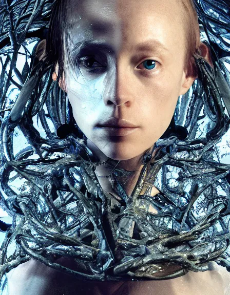 Image similar to still frame from Prometheus movie by Makoto Aida, hybrid dryad by Iris van Herpen painted by Caravaggio and by Yoshitaka Amano by Yumihiko Amano by Makoto Aida