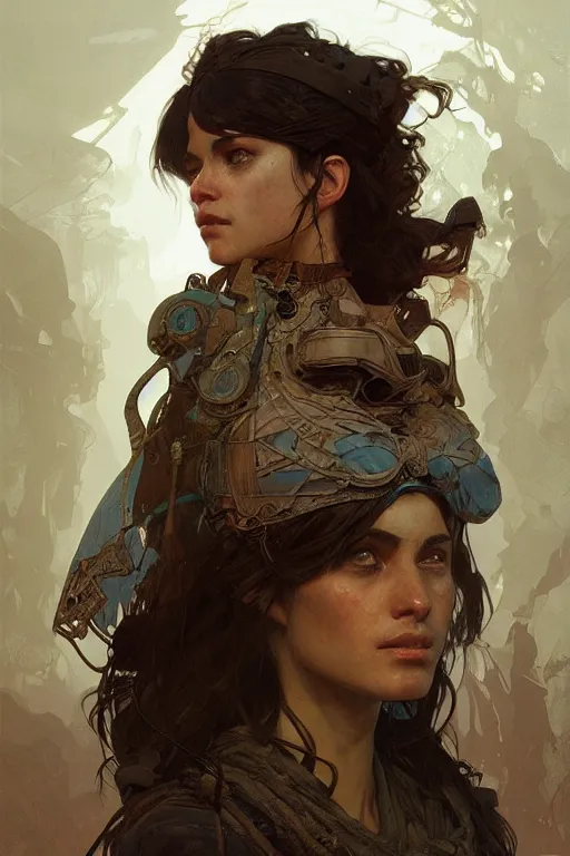 Image similar to A full portrait of a beautiful post apocalyptic Bedouin explorer, intricate, elegant, highly detailed, digital painting, artstation, concept art, smooth, sharp focus, illustration, art by Krenz Cushart and Artem Demura and alphonse mucha