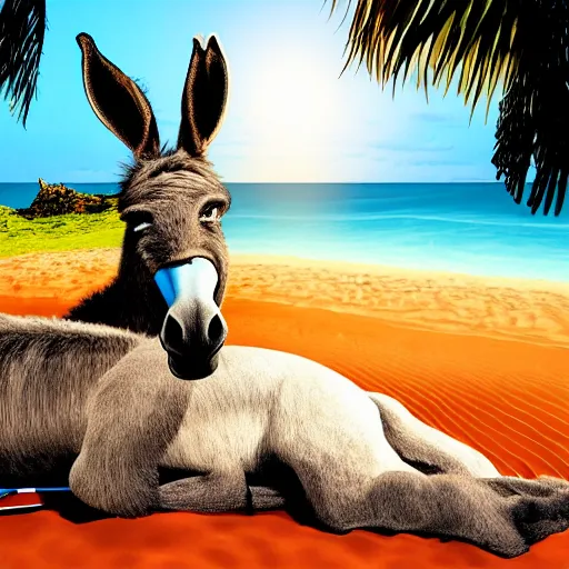 Prompt: donkey on a sunbed, tropical vacation, digital art