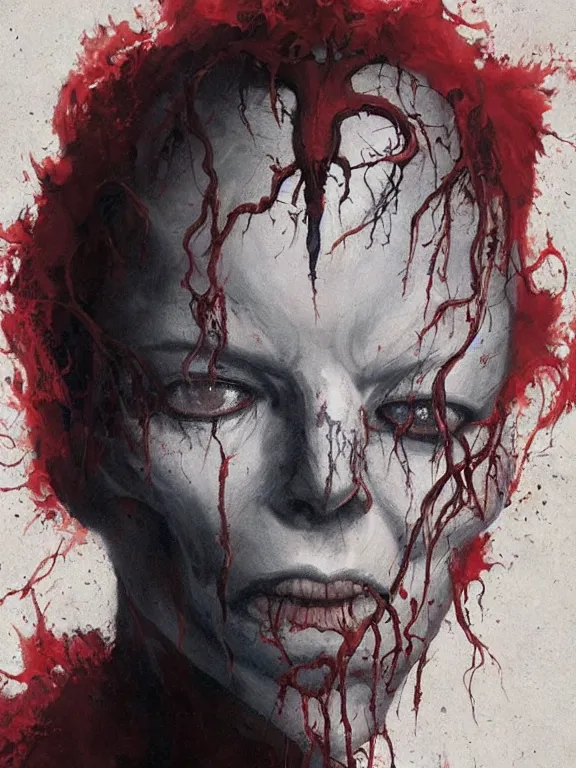 Image similar to painting by greg rutkowski of a flying sorrowful looking human head with tears running down it's eyes, face that is chalk white in color, with long sprawling white tentacles stemming down it's neck, fiery scorching red eyes, flying in a terrying hellish dark cavernous place