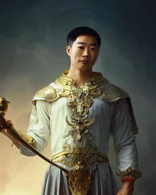 Image similar to a portrait of moon ho joon, held a trophy on his hand, happy face, highly detailed, art by artgerm and greg rutkowski and fra angelico and alphons mucha