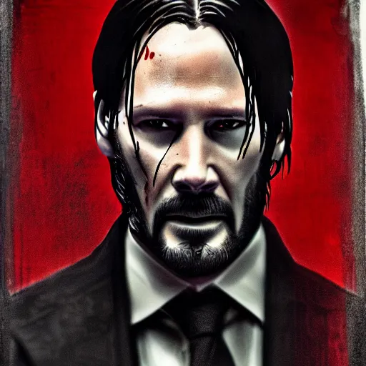 Prompt: A wet-collodion styled portrait of John Wick. Depth of field, smoke, high contrast, extremely detailed.