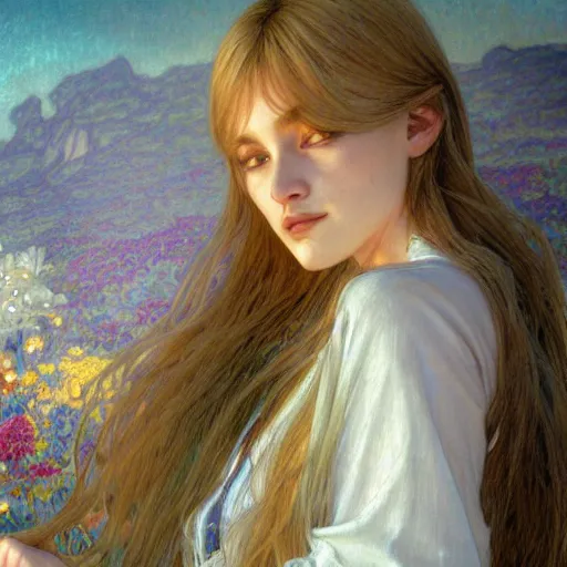 Prompt: A young woman with blonde long hair and bangs in shorts and white shirt drawn by Donato Giancola and Julie Bell, Luis Royo, alphonse mucha, background by James Jean and gustav klimt and John Marshall Gamble, 4k, volumetric lighting, french nouveau, trending on artstation, octane render, hyperrealistic