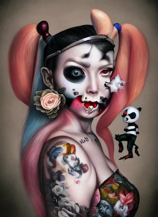 Image similar to pop surrealism, lowbrow art, realistic harley quinn painting, japanese street fashion, hyper realism, muted colours, rococo, natalie shau, loreta lux, tom bagshaw, mark ryden, trevor brown style,