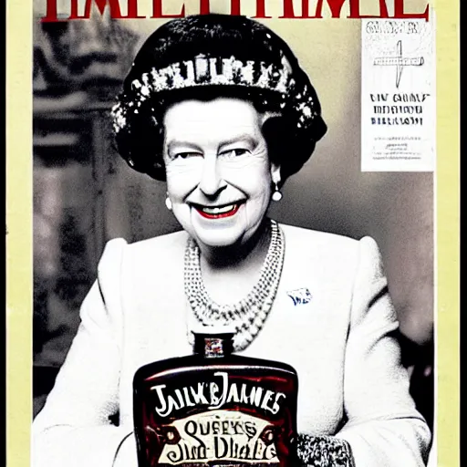 Prompt: A photo of Queen Elizabeth wearing a punk leather jacket, she holds a Jack Daniels bottle in her hand, Times Magazine cover