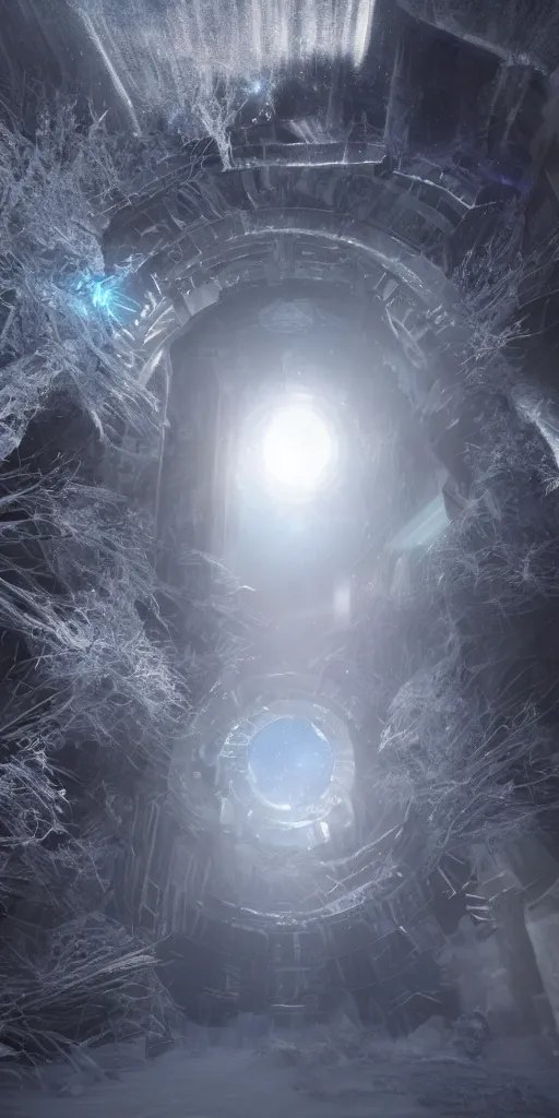 Image similar to interdimensional galaxy portal covered in frost, ice gate, volumetric light, volumetric fog, unreal engine, photorealistic, 8 k