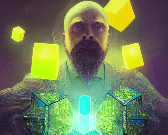 Prompt: portrait of wizard with flying neonyellow cubes, intricate abstract. intricate artwork, by tooth wu, wlop, beeple, dan mumford. concept art, octane render, trending on artstation, greg rutkowski very coherent symmetrical artwork. cinematic, key art, hyper realism, high detail, octane render, 8 k, iridescent accents