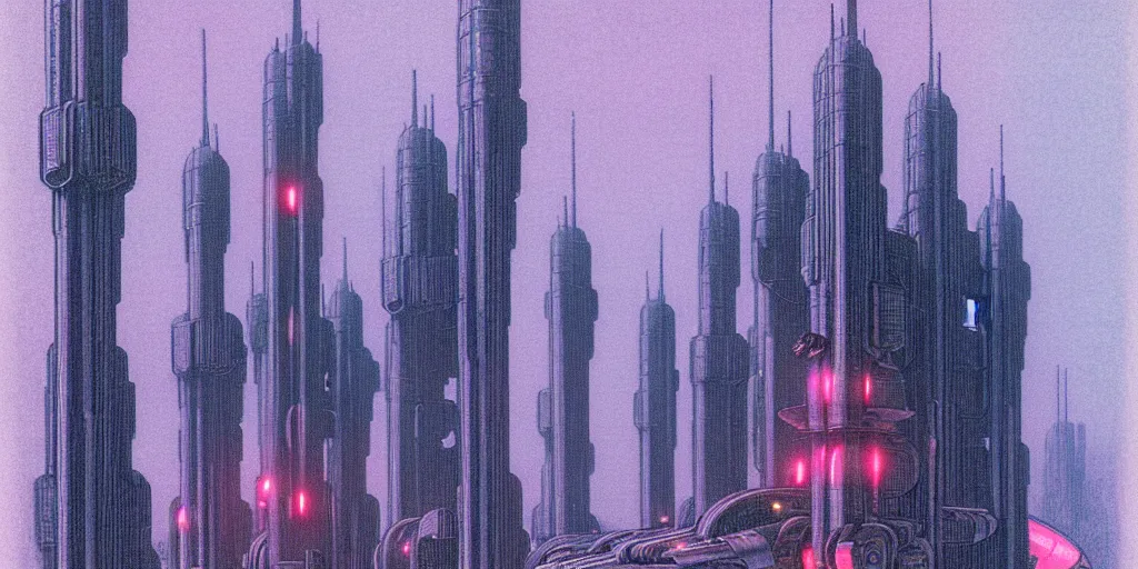 Image similar to grainy risograph matte painting of gigantic huge mech covered with rocket launchers, 5 th element, gattaca, pastel matte colors, staying in the foggy huge parking station, by moebius, hyperrealism, intricate detailed