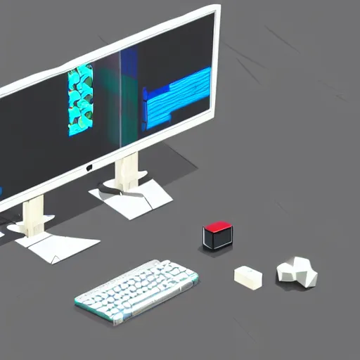 Image similar to a simple pc monitor, mobile game, isometric art, centralised, low poly, mohamed chahin, blender cycles render, solid colours material, no background and shadows