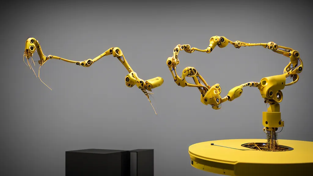 Image similar to a complex bifurcated robotic cnc surgical arm hybrid 3 d printer machine making organic ceramic kintsugi mandlebulb forms in the laboratory room, very thin gold wire, film still from the movie directed by denis villeneuve with art direction by salvador dali, wide lens, f 3 2, cinematic lighting, studio quality, smooth render, unreal engine 5 rendered, octane rendered