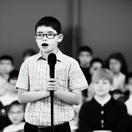 Prompt: a 13 year old giving a speech in front of his middle school class, close up, 4k photo, taken from the first row