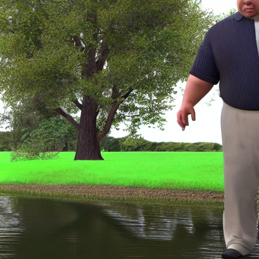 Image similar to a slightly overweight male pastor, walking by a pond, eating a sandwich, 3d render, cinematic shot, hyper realistic